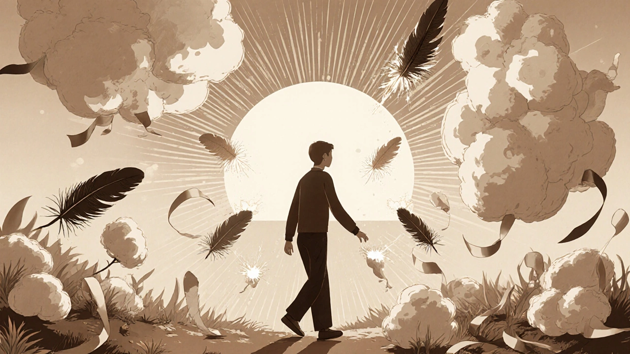 A person walking through soft objects that explode into pain sparks, with a fading injury dissolving into sunrise.