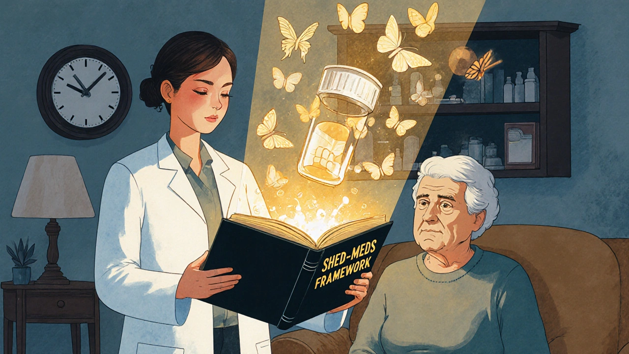 A pharmacist and patient sharing a glowing deprescribing guide in a cozy home setting.