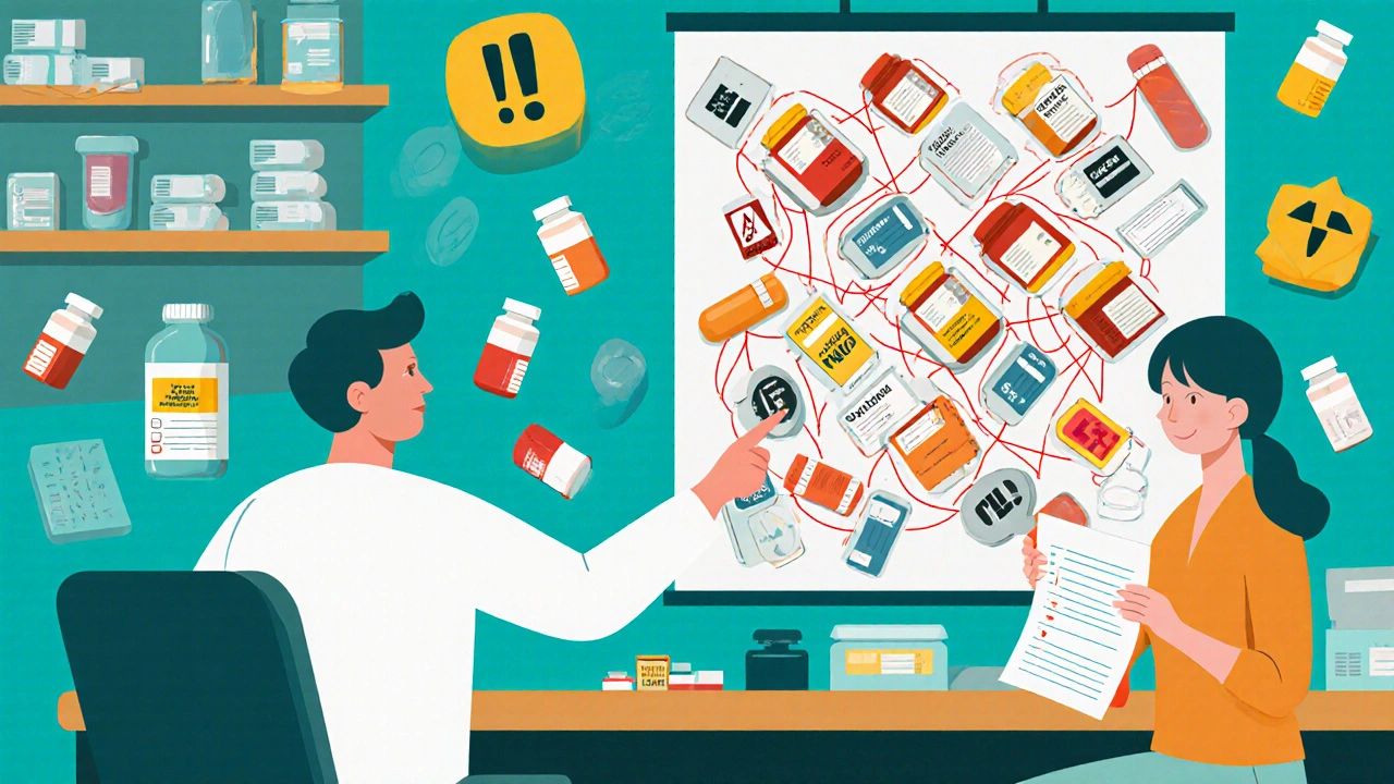 A pharmacist explaining medication overlaps using a colorful chart with red connecting lines between pill bottles.