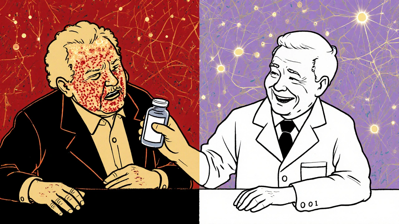 A pharmacist gives a vaccine as a split background shows pain versus peace, illustrating shingles prevention in stylized illustration.