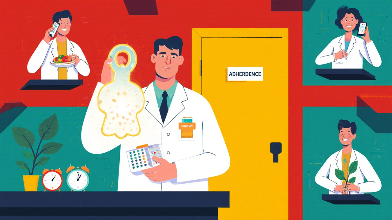 A pharmacist unlocks adherence with a glowing pill organizer, surrounded by symbolic scenes of patients managing their meds with support.
