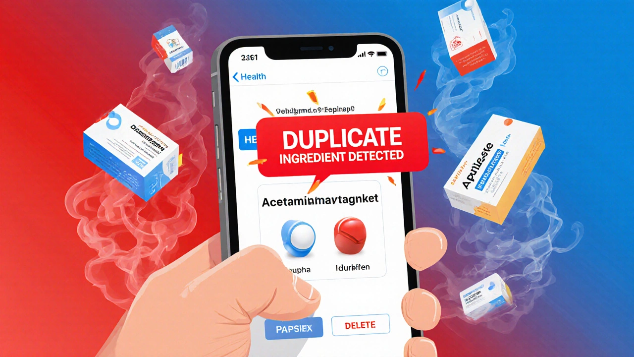 A smartphone alert warning of duplicate drug ingredients, with pills dissolving into smoke as a hand taps to delete.