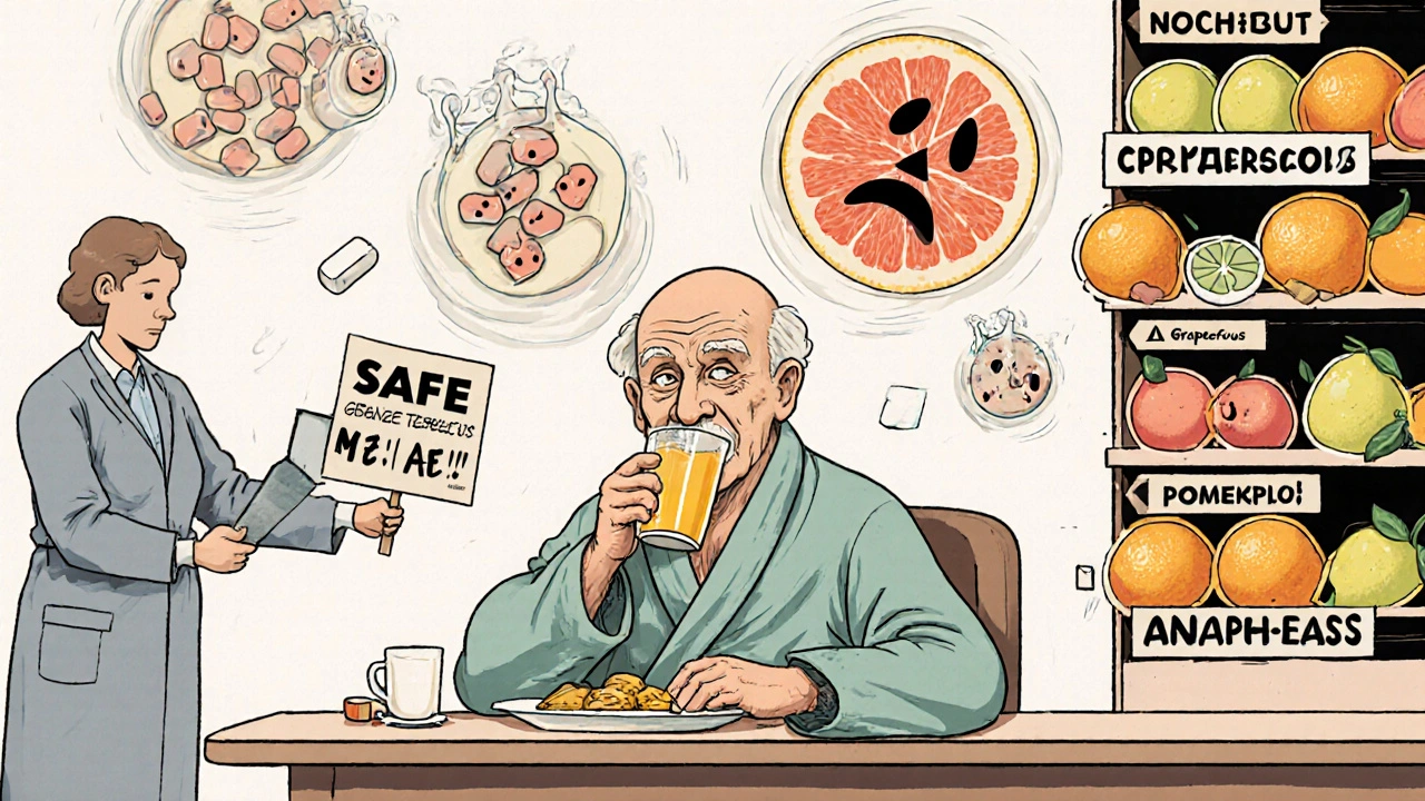 An elderly man drinks grapefruit juice as his medications transform into monstrous, warning-filled ghosts above him.
