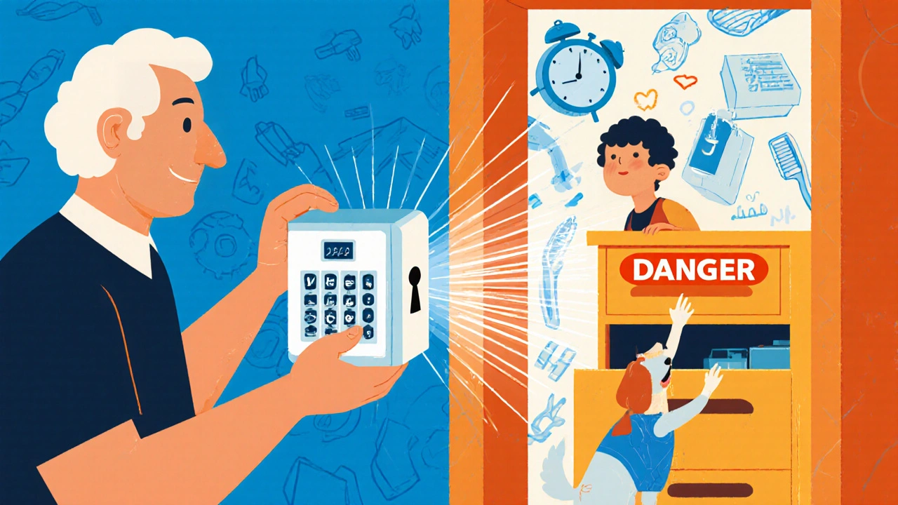 An elderly person opens a secure lockbox for insulin as a child and dog are frozen reaching toward unsafe meds.