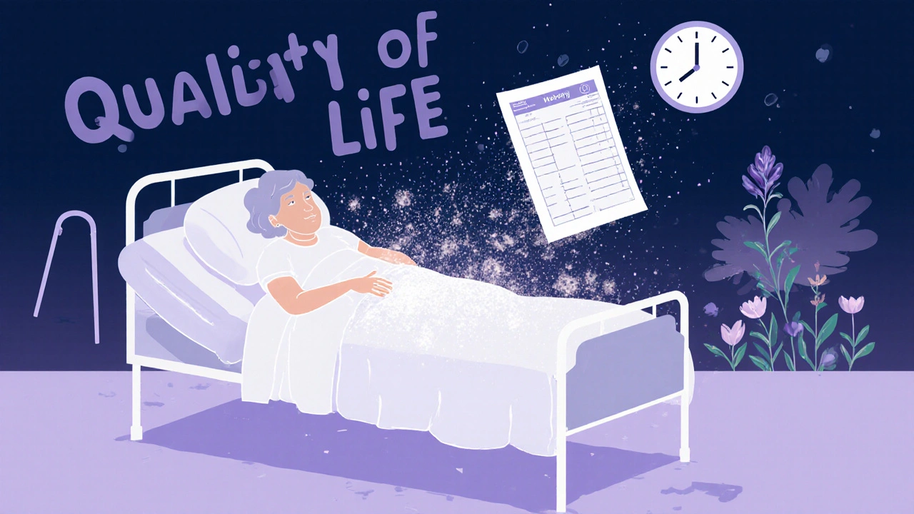 An elderly woman asleep in bed as a medical chart dissolves into a peaceful garden scene.