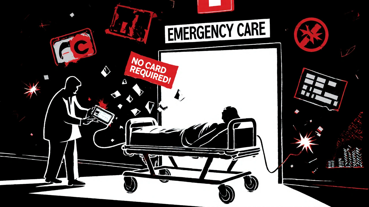 Emergency patient on gurney approaches hospital door as a credit card reader shatters, with &#039;NO CARD REQUIRED&#039; banner above.