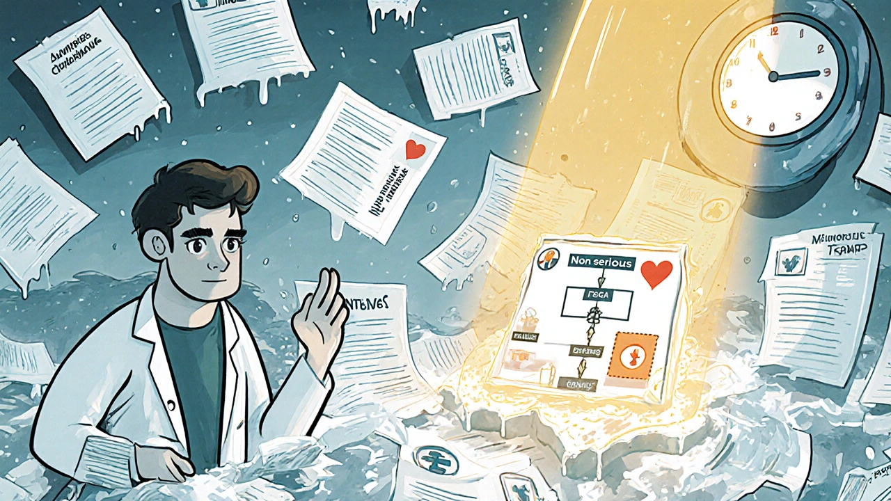 Emergency room overwhelmed with non-serious reports, one serious event rising toward an FDA stamp, clinician holding decision tree.