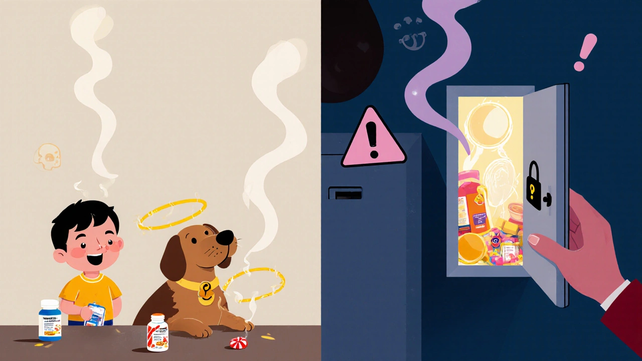 Flavored pet medicine and child&#039;s cough syrup glow dangerously on a counter, while a safe locked cabinet glows in the distance.