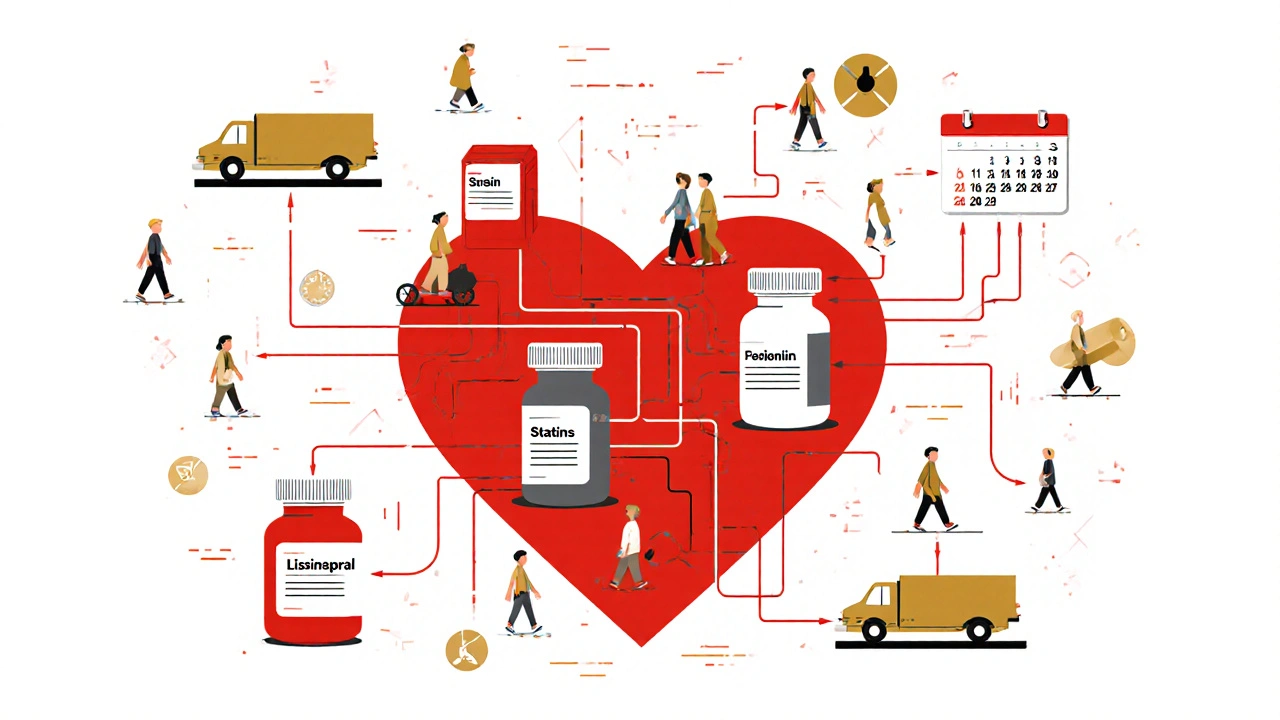 Heart made of pill bottles connected by pathways, symbolizing automated chronic care system with calendar and delivery elements.