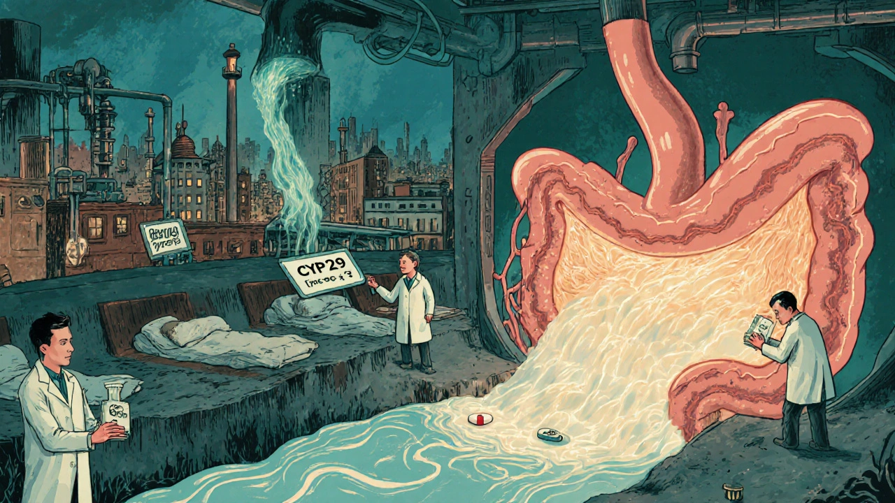 Human pancreas as a factory releasing insulin into a city, with genetic and drug interactions causing dangerous overflow.