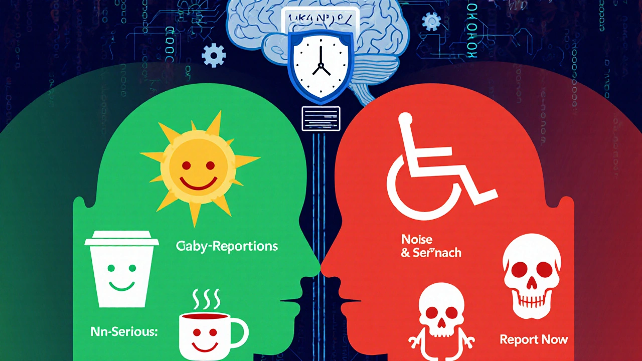 Human silhouette split between non-serious and serious events, with AI filtering reports and clock pointing to 2025 regulatory standards.