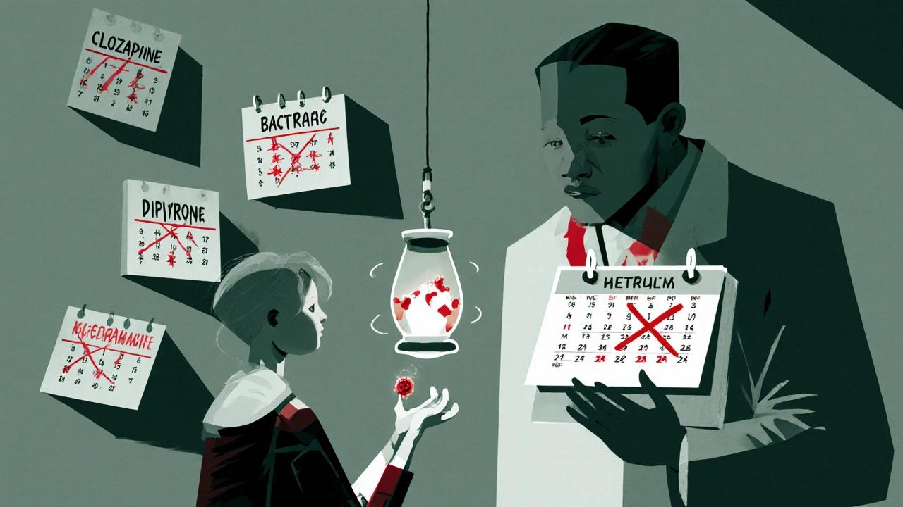 Patient holding a neutrophil lantern while a doctor ignores overdue blood tests, with dangerous drug names casting shadows.