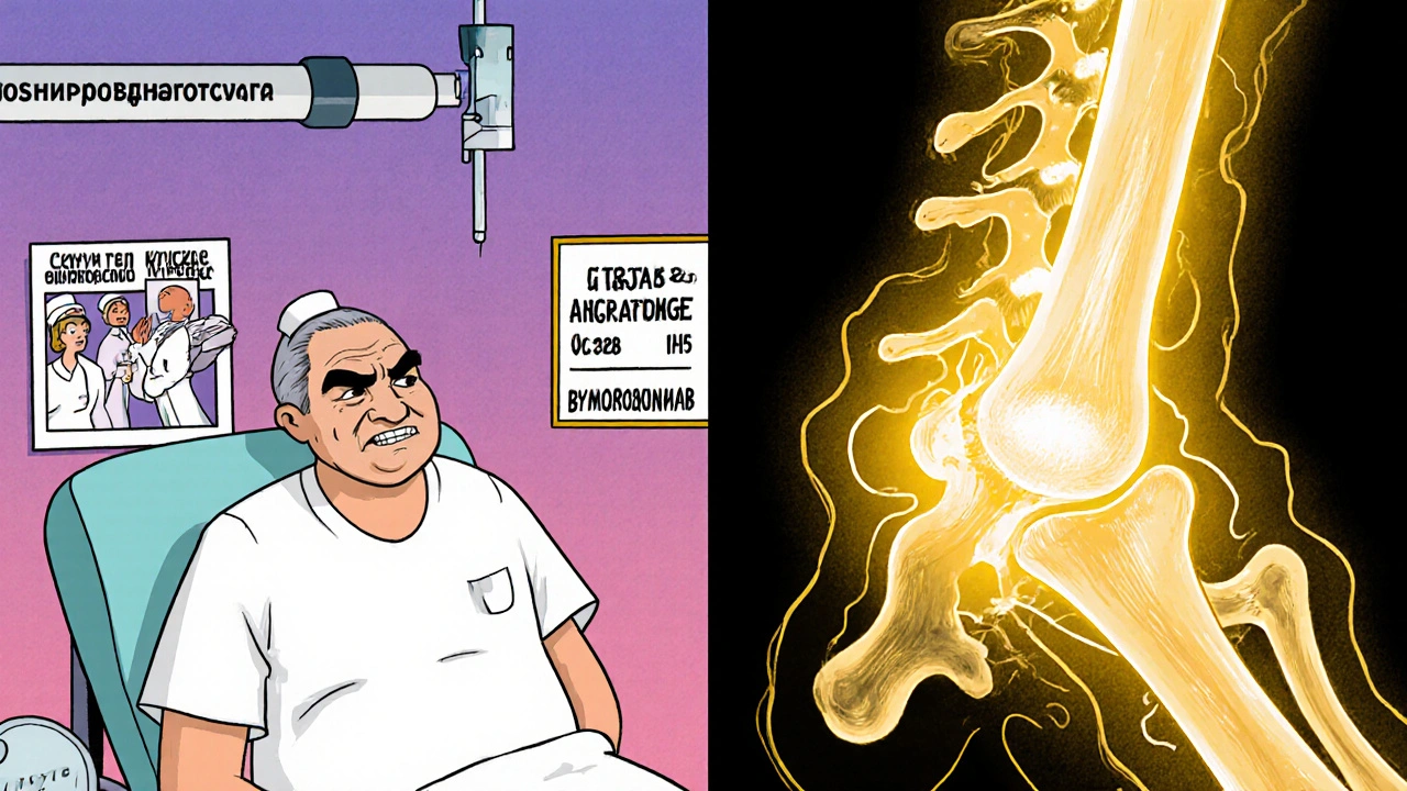 Patient receiving IV treatment vs. new drug rebuilding bone, contrasting medical approaches.