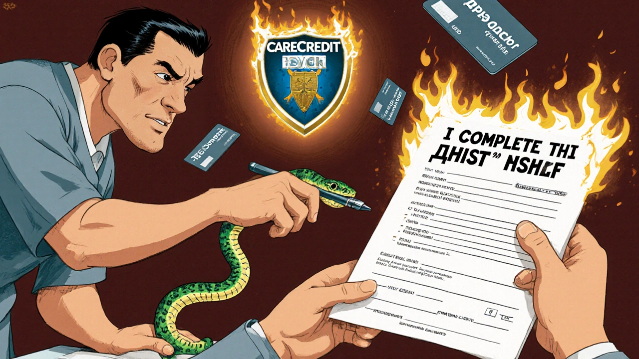 Patient refuses help filling out a medical financing form as a pen turns into a snake, with a protective shield glowing above them.