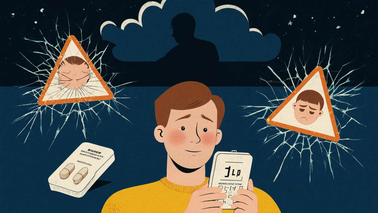 Person checking blood sugar at night with abstract symptoms floating around.