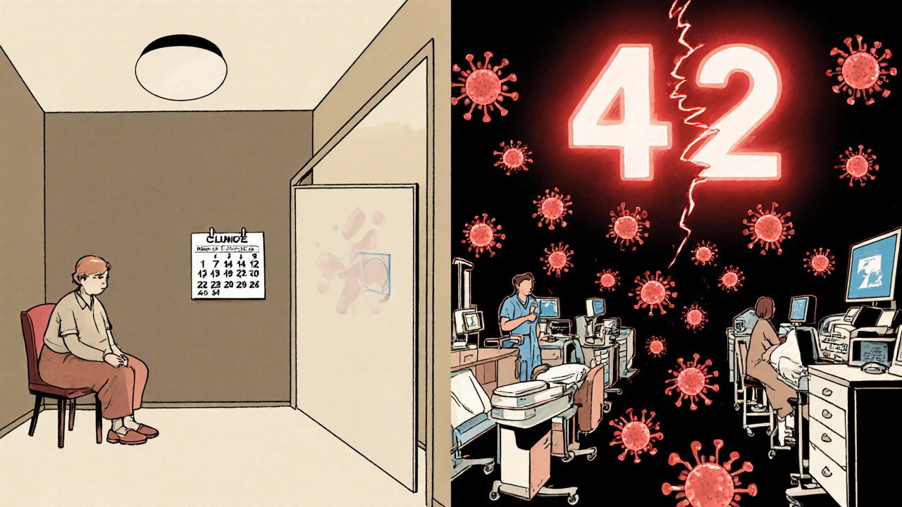 Rural patient missing a blood test versus same patient in ICU with critically low ANC number glowing above.