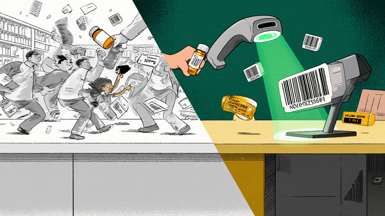 Split pharmacy scene: chaotic manual errors on one side, precise barcode verification on the other, symbolizing safety transformation.