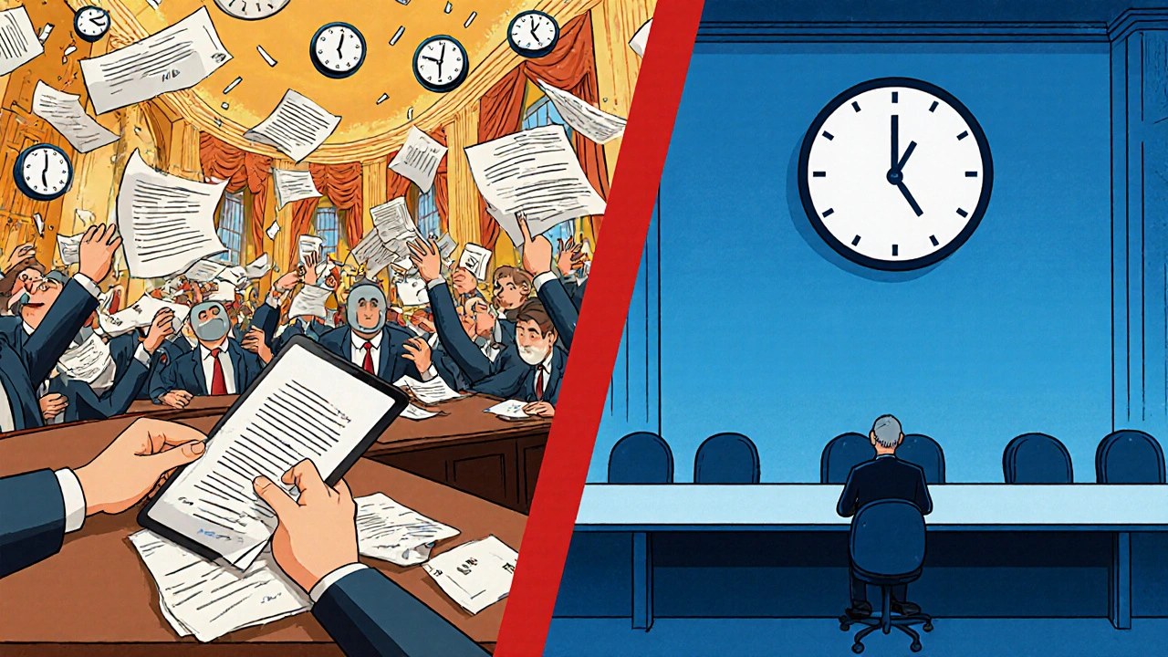 Split scene: chaotic 2023 amendment chaos vs. sterile 2025 procedural control, divided by a red line.