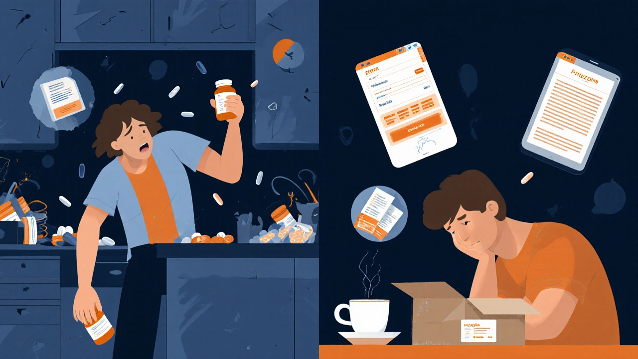 Split scene: person stressed searching for pills vs. calm with medication delivery, icons of app and prescription floating.