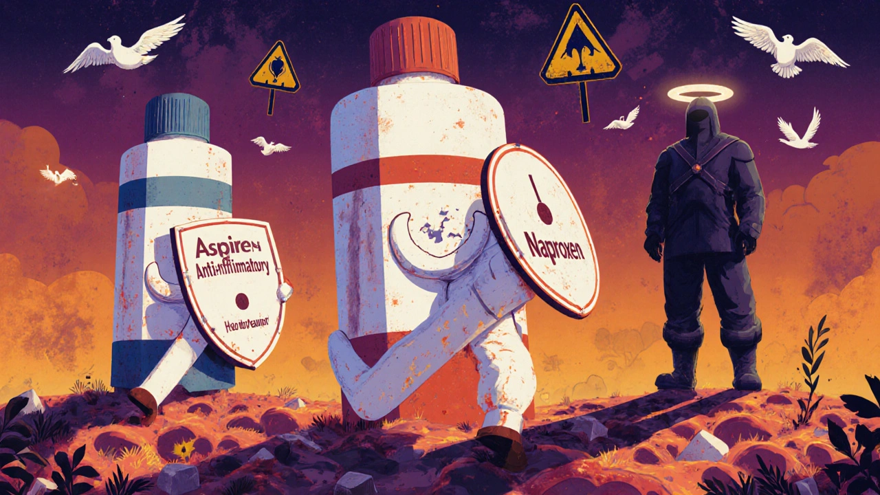 Three painkiller figures in battle against inflamed joints and a heart, in dramatic Polish poster style with geometric shadows.