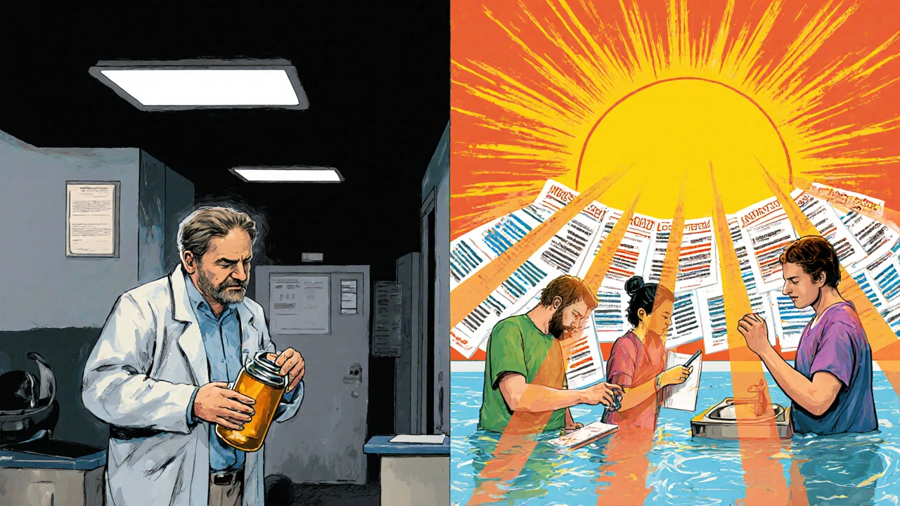 Two contrasting clinic scenes: one with pills and despair, the other with multidisciplinary care and hope in color.