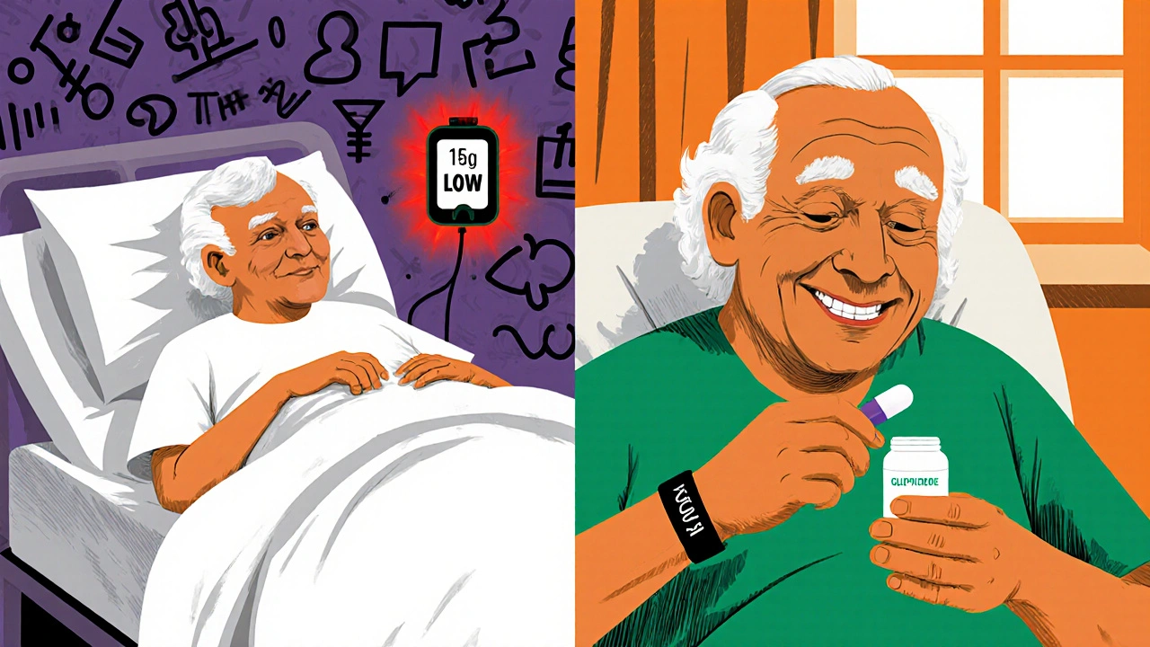 Two contrasting scenes of an elderly patient: one in hospital with low blood sugar, another safe with CGM and healthy snack.