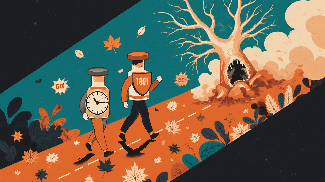 Two vaccine figures walk a path marked with ages, dissolving a painful nerve structure behind them in surreal poster art.