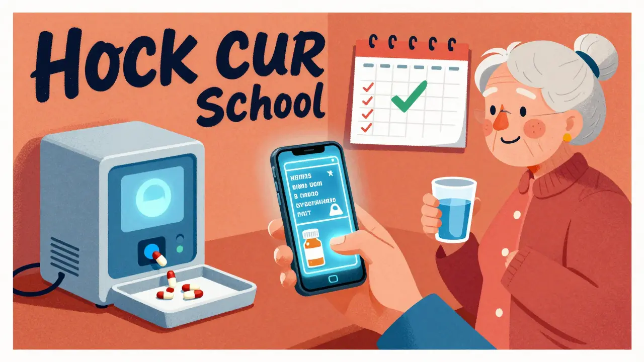 A caregiver scans a pill bottle with a phone, displaying digital health info, while an older adult smiles nearby.