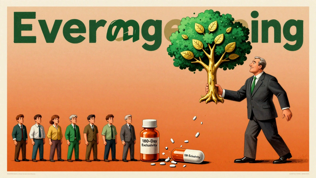 A CEO holding a patent tree while patients reach for a single generic pill, symbolizing evergreening tactics.
