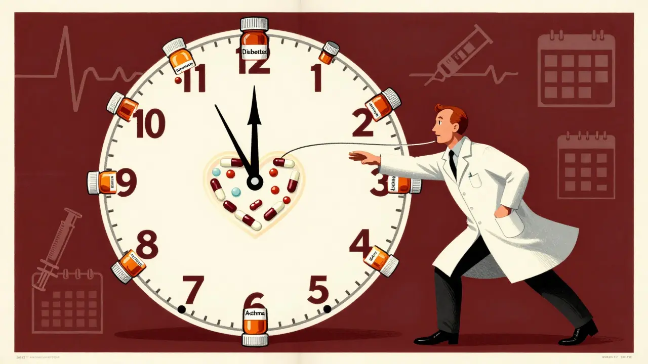 A clock face made of pill bottles forms a heart shape, symbolizing coordinated medication management.