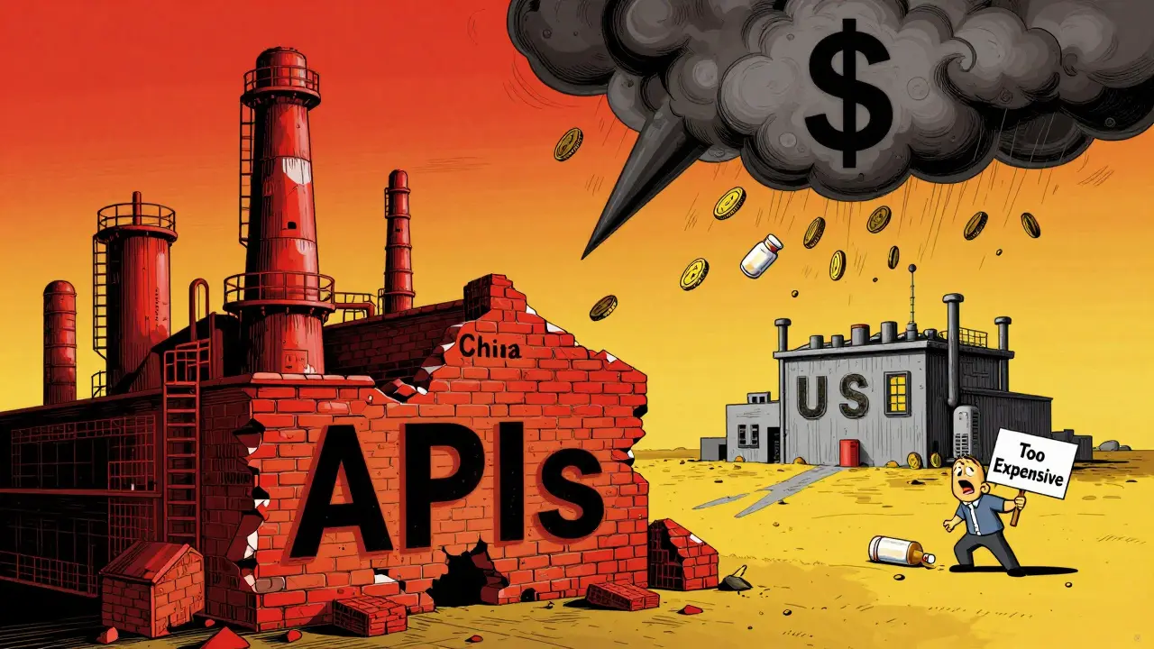 A crumbling drug factory made of China and India bricks, with a tiny U.S. plant struggling under a dollar-sign storm cloud.