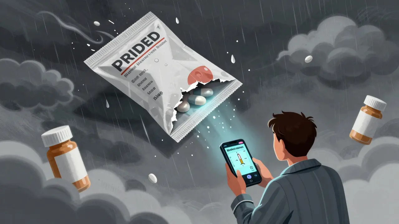 A delivery package in a storm with GPS tracker glowing, symbolizing delivery risks and tech monitoring.