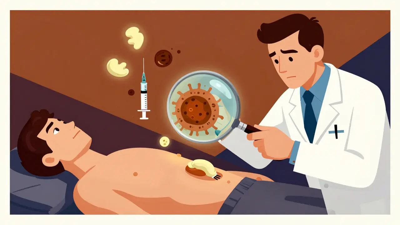A doctor using a magnifying glass to reveal a tumor surrounded by symbols of pancreatic cancer symptoms in stylized poster art.