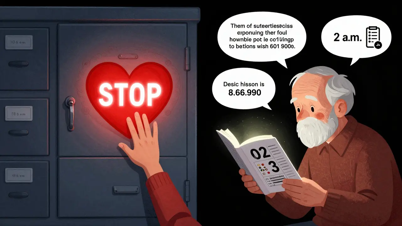 A locked medication cabinet with safety signs, and an elderly person using a nightlight to read pill labels at night.