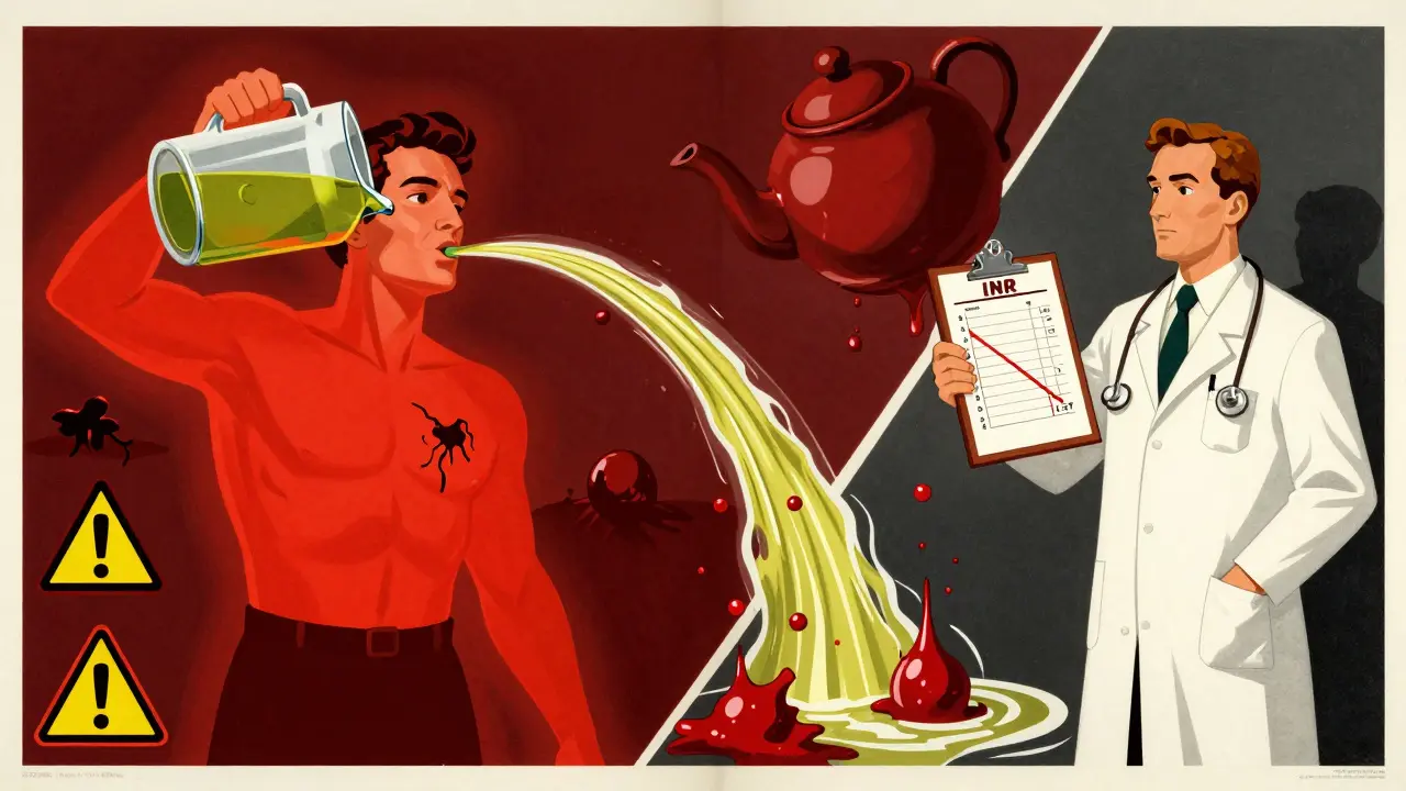 A man drinking excessive green tea while his INR crashes dramatically