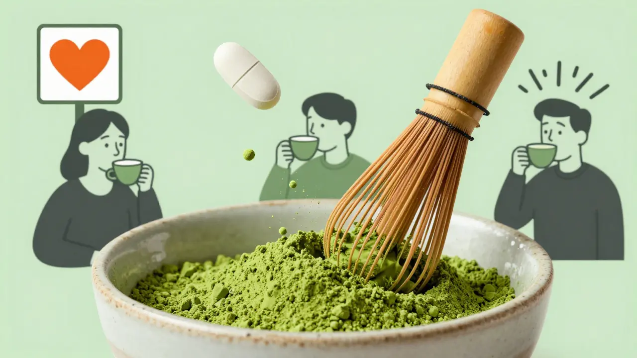 A matcha bowl releasing vitamin K particles near a warfarin pill