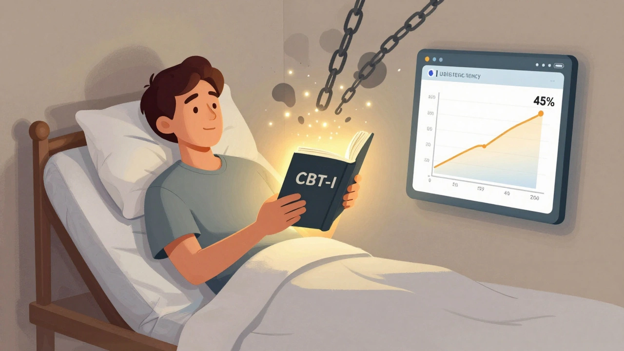 A person in bed holding a glowing CBT-I book as pain chains turn to ash, with a sleep progress app floating nearby.