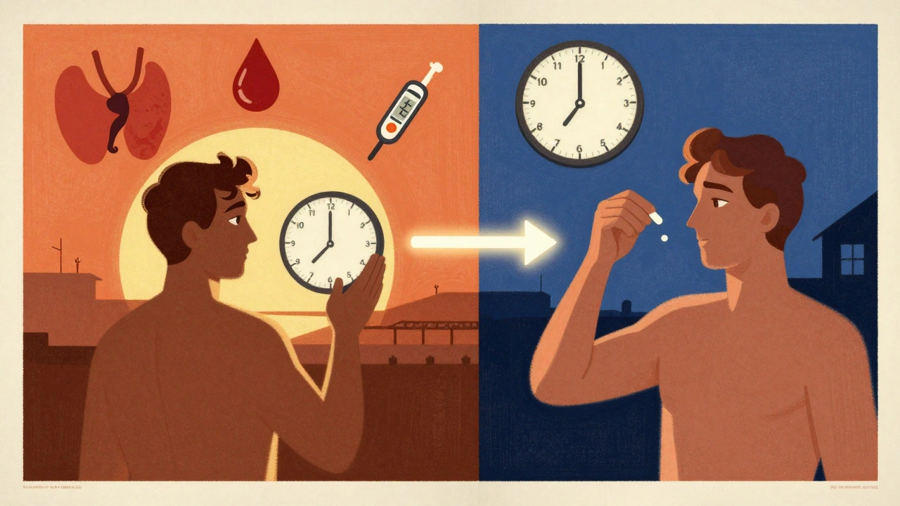 A person taking thyroid medication at sunrise and fiber at night, separated by a glowing time gap.