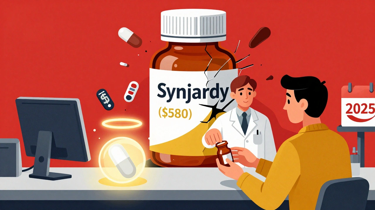 A pharmacist handing a small generic pill bottle while a giant brand-name bottle crumbles behind them.