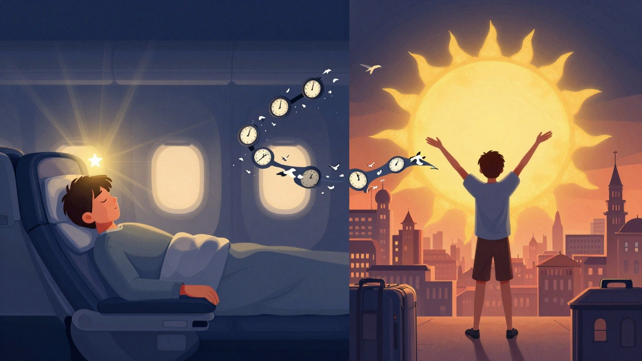 A split image showing a person sleeping with a glowing melatonin capsule and waking under a golden sun in a foreign city, symbolizing jet lag recovery.