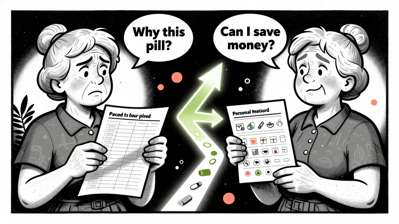 A woman transforms from confusion to clarity with a simplified medication list and icons.