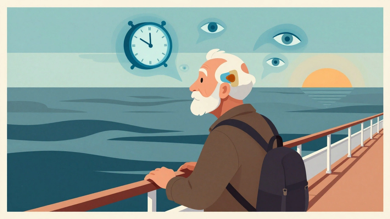 An elderly person with a scopolamine patch, surrounded by hallucinatory floating clocks and eyes, against an abstract ocean backdrop.
