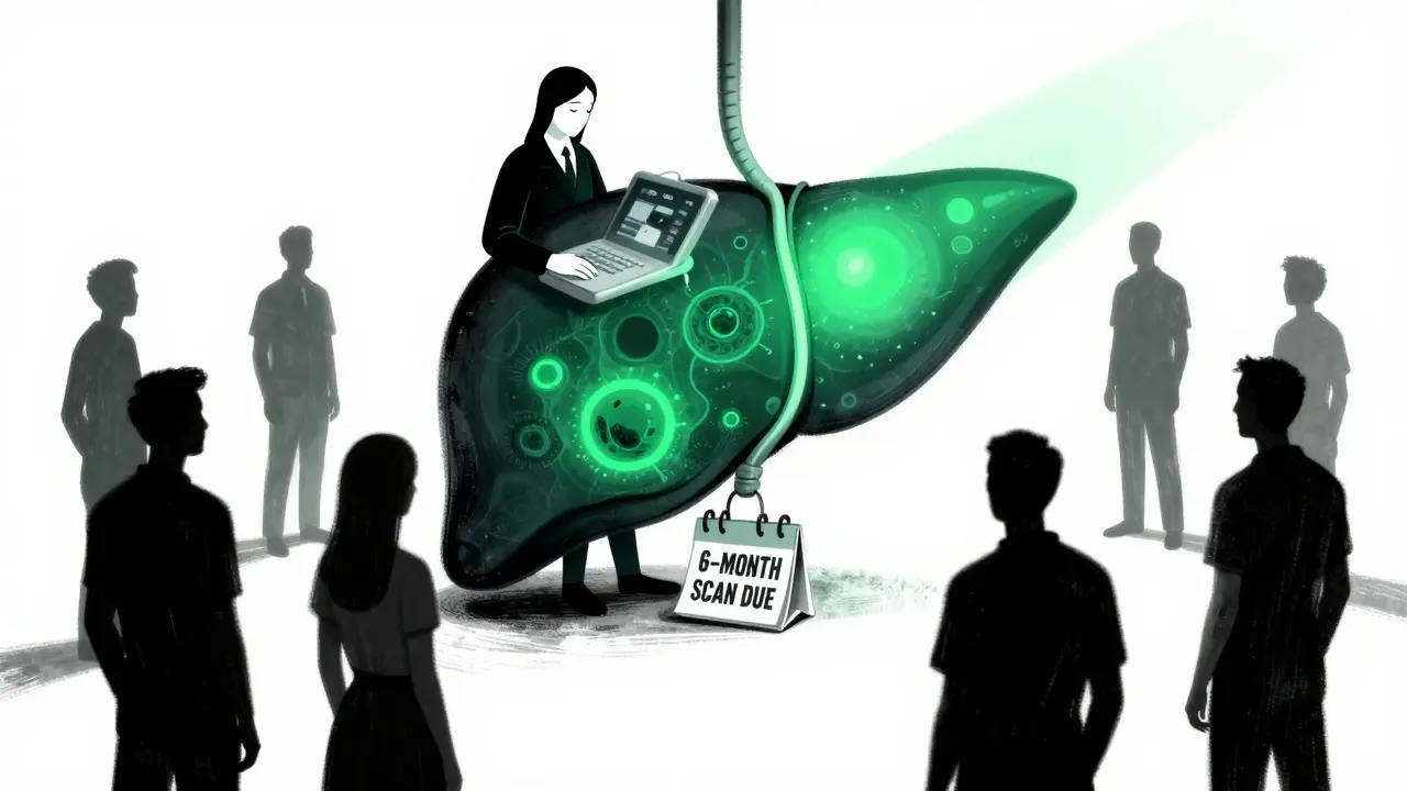 An ultrasound probe revealing hidden liver tumors beneath a sleeping patient, while others ignore their screening due date.