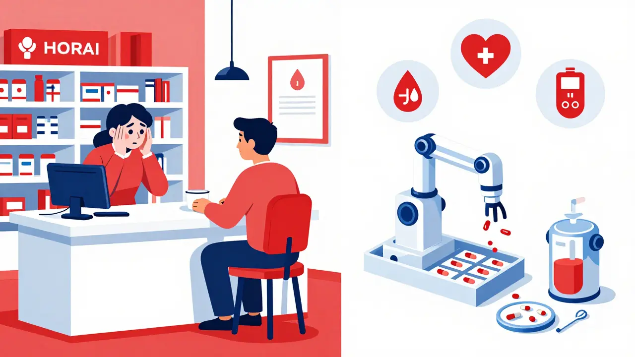 Contrasting scenes: chaotic pharmacy wait vs. automated home pill dispensing system.