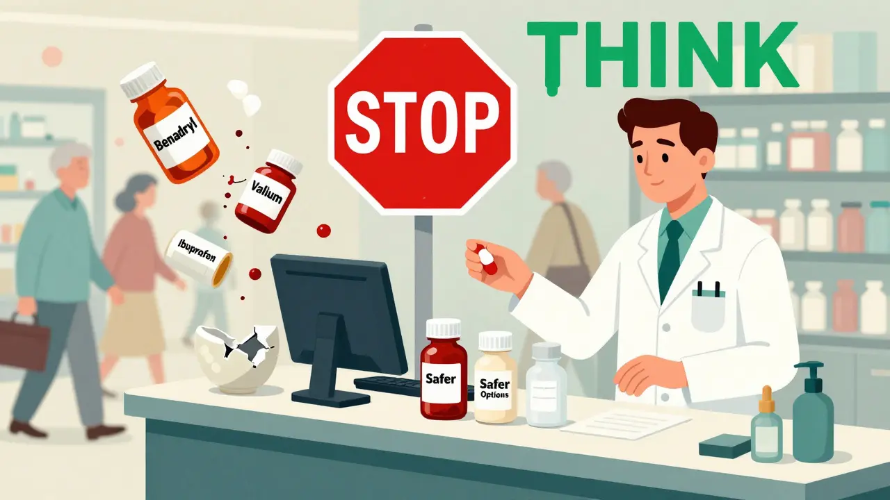 Cracking pill bottles replaced by clean safer options at a pharmacy counter, STOP sign dissolving into THINK symbol.