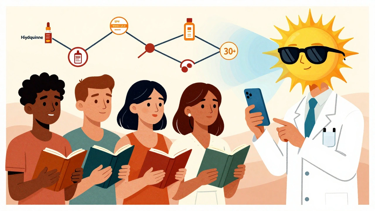 Diverse patients in dermatologist’s office with skincare icons forming a healing constellation.