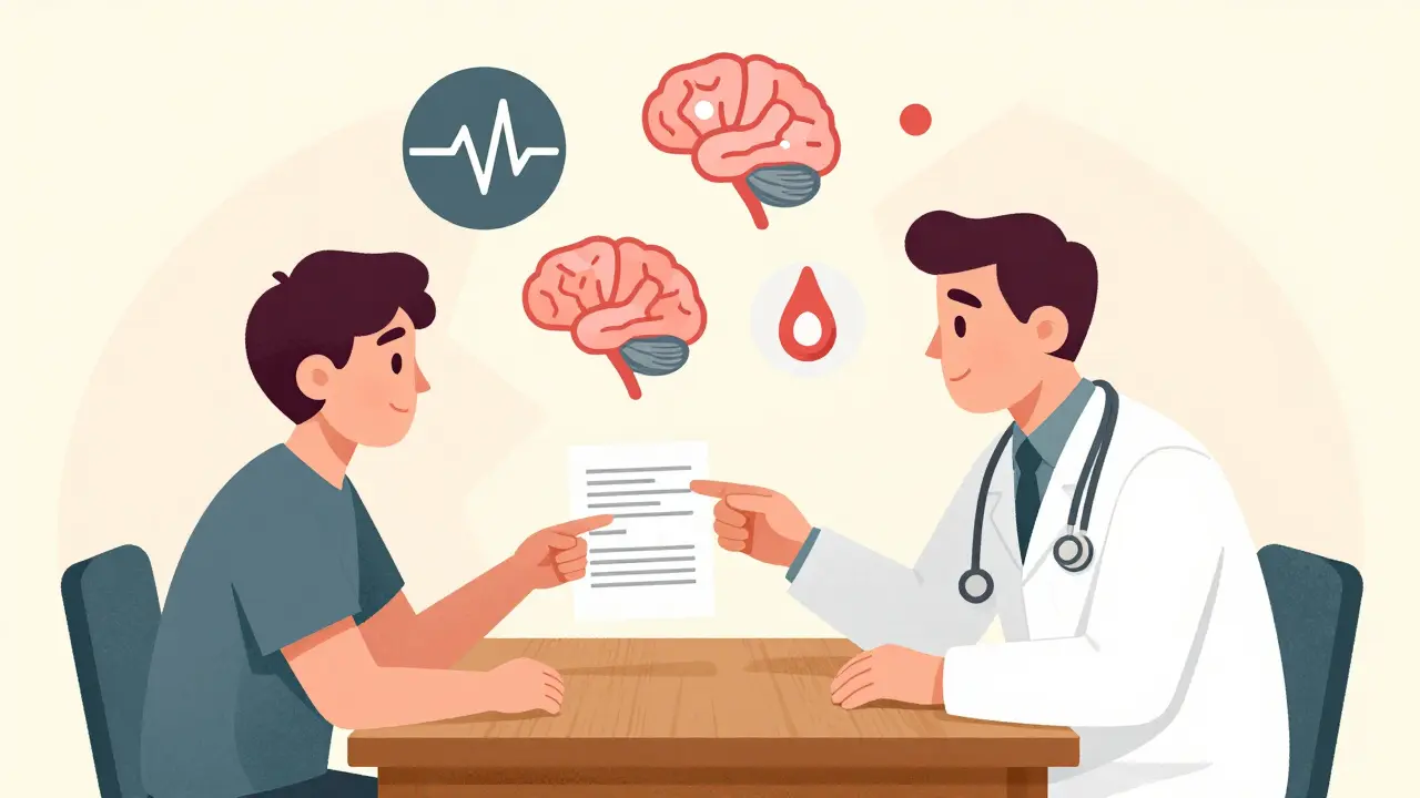 Doctor and patient discussing medication safety with abstract medical icons floating above them.