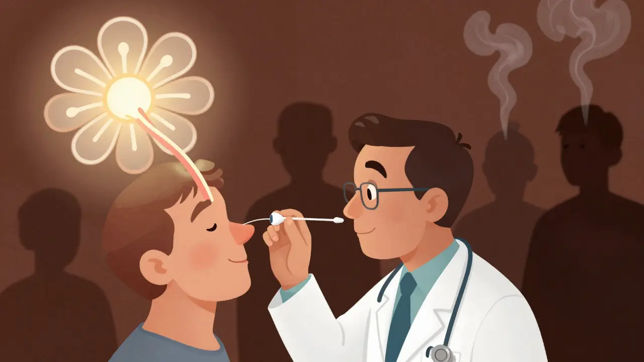 Doctor inserting balloon catheter into nose as Eustachian tube blooms open, with harmful habits fading into shadow.