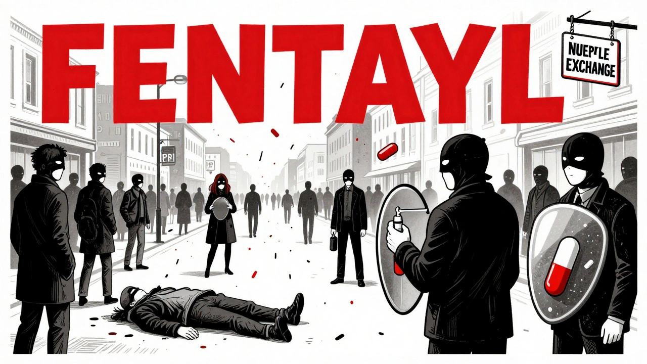 Fentanyl pills raining down on a crowd as someone collapses, with a naloxone spray held like a shield.