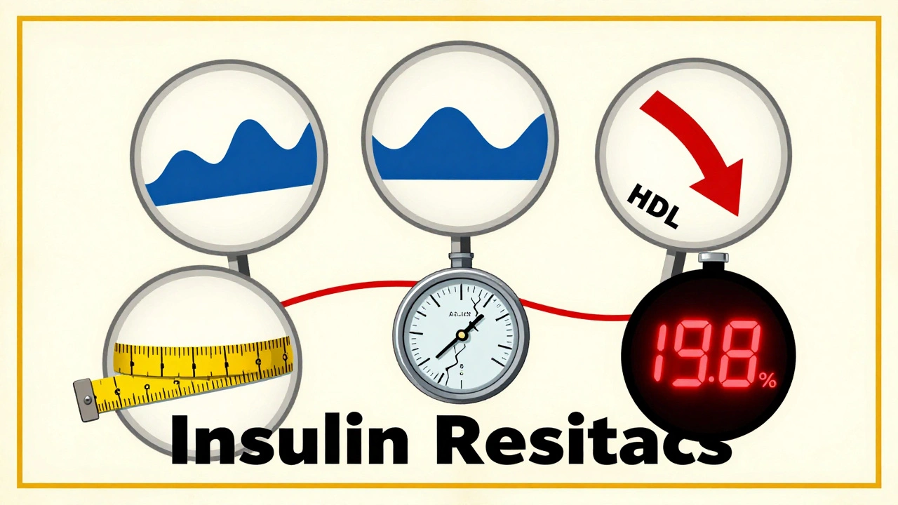 Five warning signs of metabolic syndrome connected by a red thread in graphic poster style
